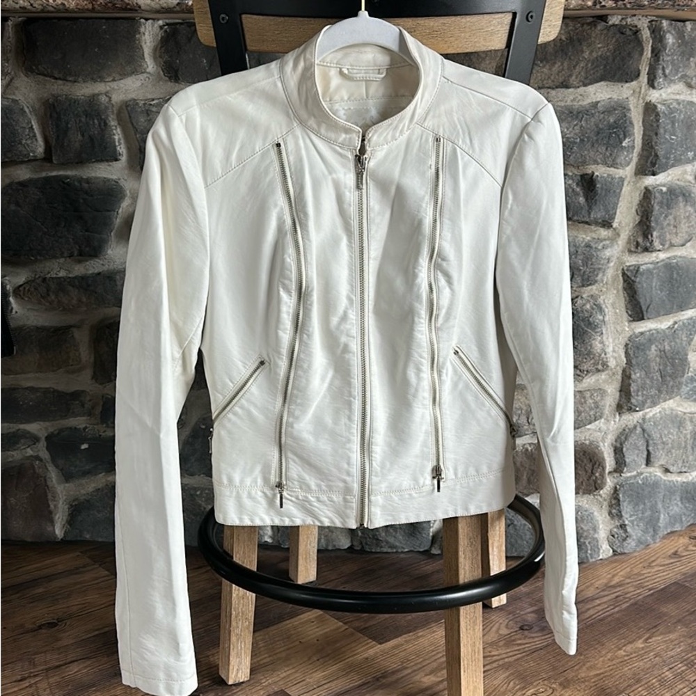 Women's White Leather Zip-Front Moto Jacket